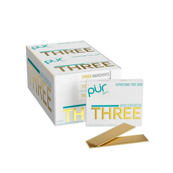 PUR THREE | Aspartame Free Chewing Gum | 100% Xylitol | Sugar Free, Vegan, Gluten Free & Keto Friendly | Natural Wintergreen Flavored Gum, 12 Pieces (Pack of 10)